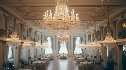 Elegant ballroom with chandeliers and ornate decorations, ready for a formal event