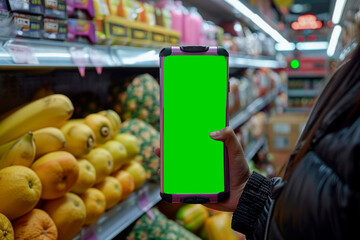 野菜や果物が並ぶ棚の近くの店で、クロマキーの背景を持つスマートフォンを手に持っています。
コンセプト: モバイル アプリケーション、アプリケーション デモンストレーション、コンテンツ作成。
