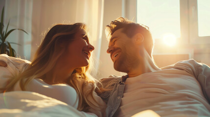 A young pretty couple, a guy and a girl, look at each other lovingly, sitting on the couch, in the rays of the bright sun, people relationship 