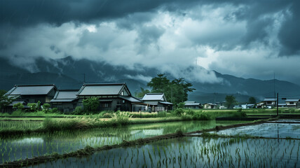 Fototapeta premium 雨に打たれる田園風景 梅雨