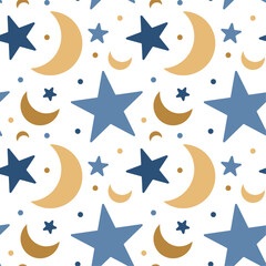 Stars and Moon Seamless Pattern. Gold and blue Stars and Moons Seamless Pattern