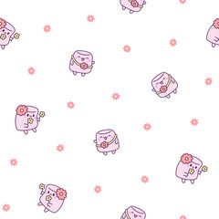 Cute marshmallow character. Seamless pattern. Cartoon sweet smiling dessert. Hand drawn style. Vector drawing. Design ornaments.