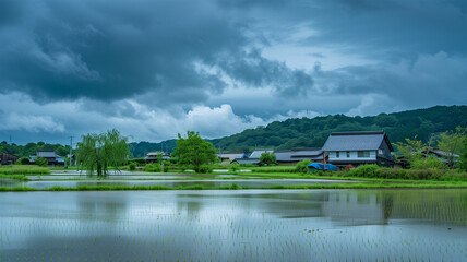 Obraz premium 雨に打たれる田園風景 梅雨