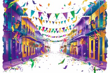 A festive Mardi Gras street scene with colorful decorations, flags, and streamers. Illustration on a clear white background --ar 3:2 --style raw Job ID: a1a5491d-523f-467f-aabe-b52b2c33e906