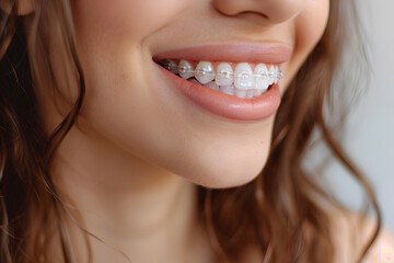 Hollywood smile of a beautiful girl with white teeth and dental braces, close-up.