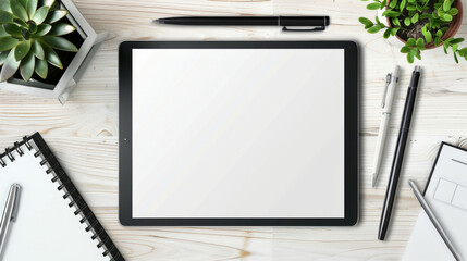 Creative tools and stylus pen on wooden work surface with digital tablet in top view