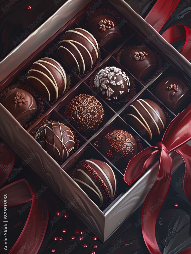 Poster detailed painting of an elegant box of chocolate truffles, adorned with a vibrant red ribbon. genera