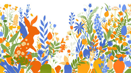   An illustration of a rabbit amidst a vibrant field of flowers and plants adorned in oranges, blues, greens, and yellows