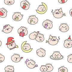 Cute kawaii smiling dim sum. Seamless pattern. Happy cartoon dumpling character. Asian chinese food menu. Hand drawn style. Vector drawing. Design ornaments.