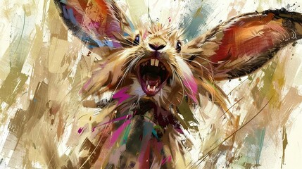   A painting of a rabbit with its mouth open wide