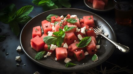 Fresh watermelon and feta cheese salad with mint leaves on a plate.