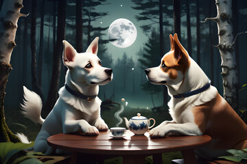 A cute dog having a conversation over tea the place is a calm forest.