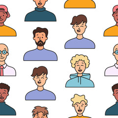 Men avatars. Seamless pattern. Portrait of casual male with different hairstyles and outfits. User profiles. Hand drawn style. Vector drawing. Design ornaments.