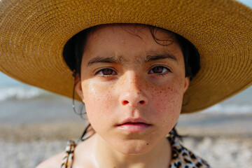 portrait of very serious girl in straw hat on the beach