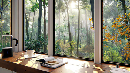   A table with a book and coffee cup displayed near a window, revealing a scenic forest landscape outside