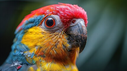   A colorful bird with red, yellow, and blue feathers is looking at the camera with a blurry background