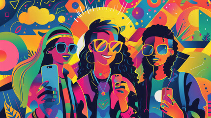 Three friends enjoy a colorful 80s-inspired party, posing with smartphones