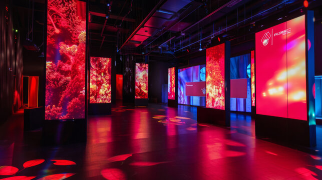 Modern gallery interior illuminated by vibrant red digital screens showcasing immersive art exhibits