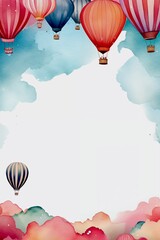 background frame with colored hot air balloon in watercolor style, in center copyspace