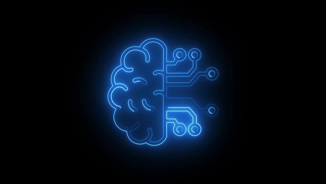 Human brain with tech icon. Neon icon with silhouette man head gears. Mental health concept. Abstract circuit brain animation.