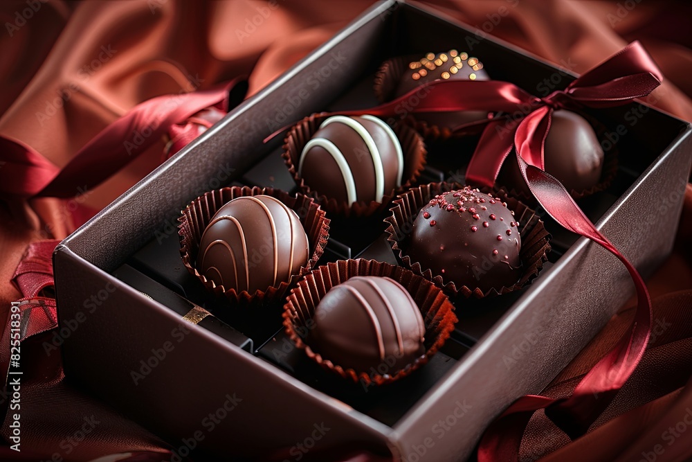 Poster elegant box of chocolate truffles adorned with a vibrant red ribbon, showcasing a luxurious and rich