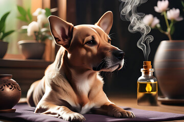 A cute dog is immersed in meditation while smelling aroma oil.