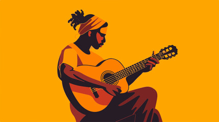 Silhouette of Man Playing Guitar on Bright Orange Background
