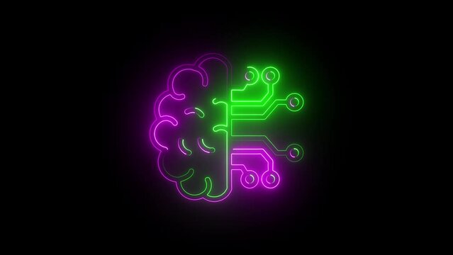 Human brain with tech icon. Neon icon with silhouette man head gears. Mental health concept. Abstract circuit brain animation.