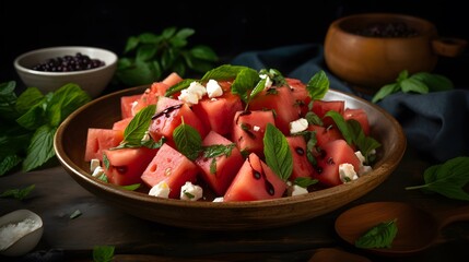 Fresh watermelon and feta cheese salad with mint leaves on a plate.