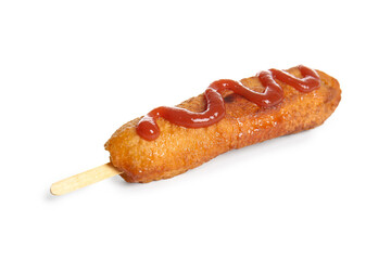 Tasty corn dog with ketchup on white background