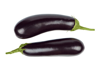 Two fresh raw healthy eggplants or aubergine vegetable isolated on white, transparent background....
