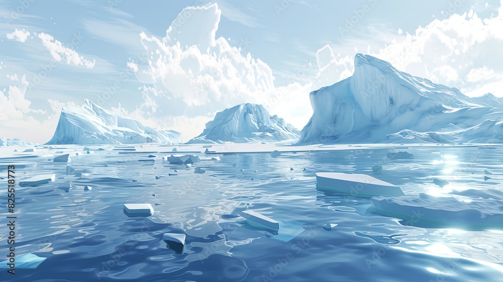Poster Multiple icebergs drift on the cold waters, creating a striking scene with their unique shapes and textures. Generative AI