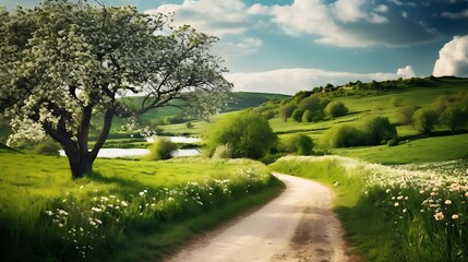 Idyllic countryside scene with a winding dirt road and wildflowers in bloom