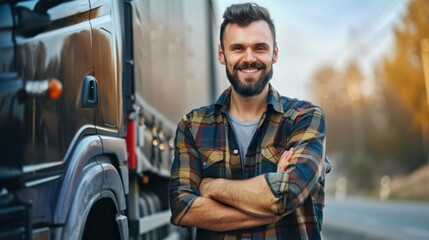 portrait of a happy truck driver man looking at the camera with the truck behind out of focus in high resolution and quality