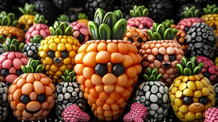 A bunch of different colored fruits with faces and eyes, AI