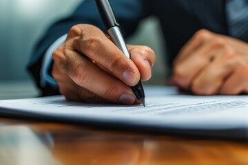 Closeup of businessman signing legal contract with black pen in a formal corporate office environment. Professional executive making a commitment and official agreement