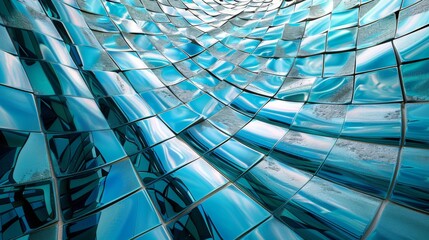 Curved abstract blue and silver mosaic art for modern interior design and wallpaper