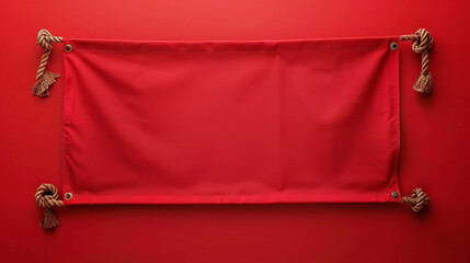 Red textile banner with folds. Blank hanging fabric template wall background.