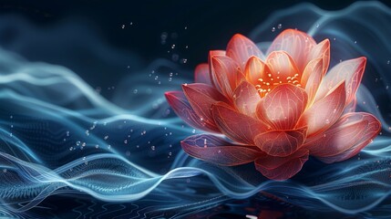 Vibrant light-up red lotus flower floating on serene water at night