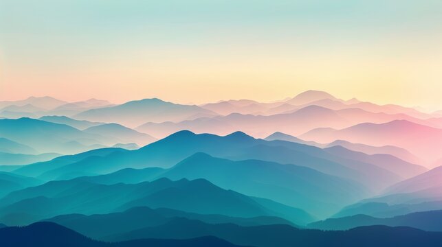 Scenic mountain range landscape with colorful layers and gradient sky at sunrise or sunset