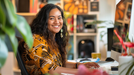  young Māori woman is smiling at the camera while sitting in front of her computer, working on digital design projects. She is wearing an outfit with tribal patterns and has long curly hair.