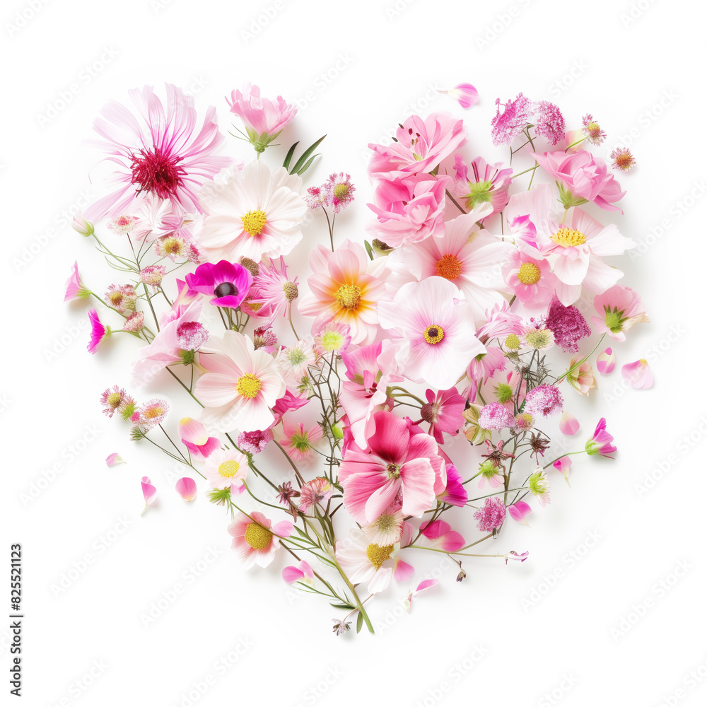 Wall mural wild meadow pink flowers in shape of heart isolated on white background