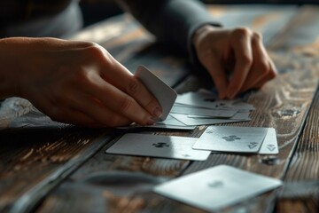 Closeup of hands arranging playing cards on a rustic wooden surface, showcasing strategic thinking - Powered by Adobe