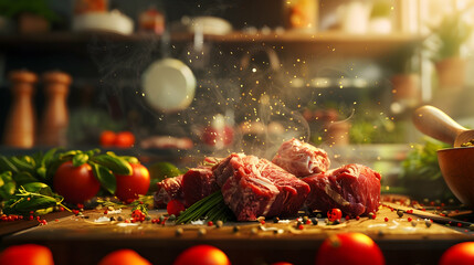 raw meat in kitchen realistic hyperrealistic