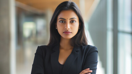 beautiful Indian business woman wearing a black suit standing in a modern office, looking at the camera with a serious expression on her face and her arms crossed, female manager or boss diversity 
