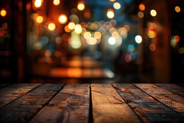 Bar Lights. Wooden Table in Front of Abstract Blurred Restaurant Background
