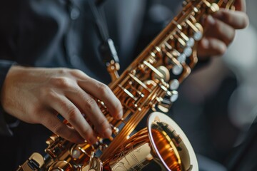 Detailed closeup of a saxophonist's hands while playing a shiny golden saxophone
