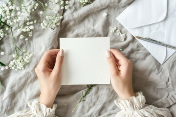 Card Writing. Female Hands Writing Wedding Invitation on Blank Paper Card with Gypsophila on White Background