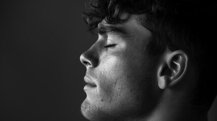 handsome young man with eyes closed in dramatic studio lighting black and white profile shot