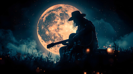 Obraz premium Silhouette of a Person Sitting on a Bench with a Large Moon in the Background
